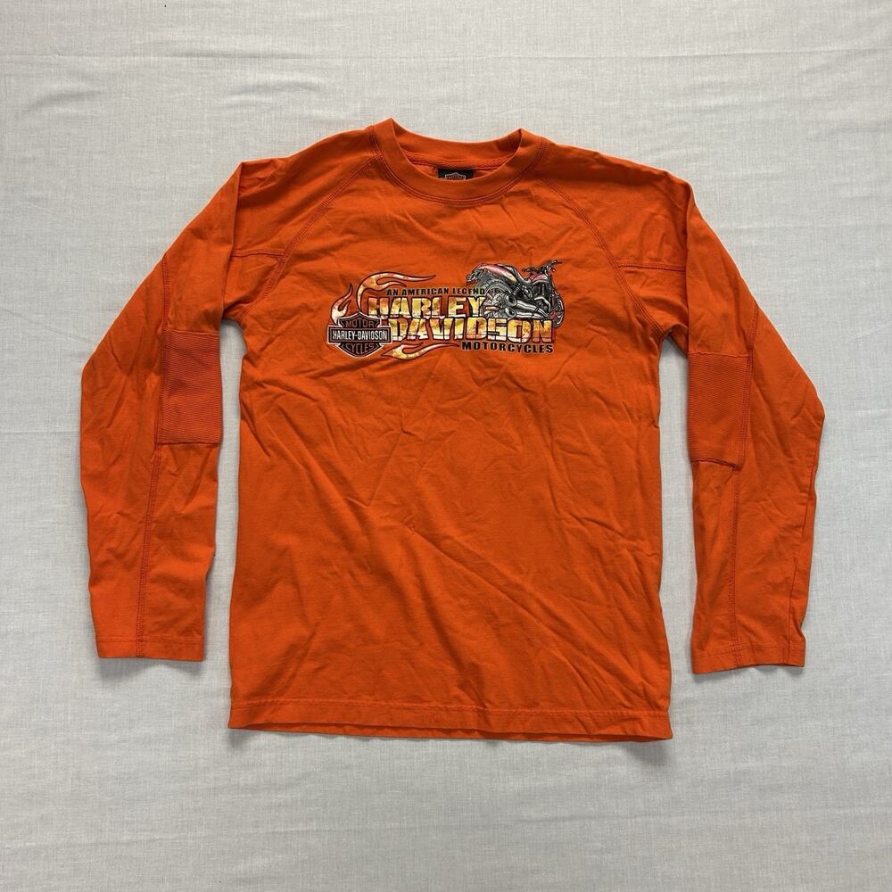 Harley Davidson Long Sleeve Graphic T-Shirt Boys Youth Large Orange Elbow Patch